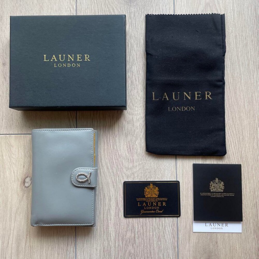 LAUNER Grey Leather Bi-Fold Wallet with Yellow Leather Interior